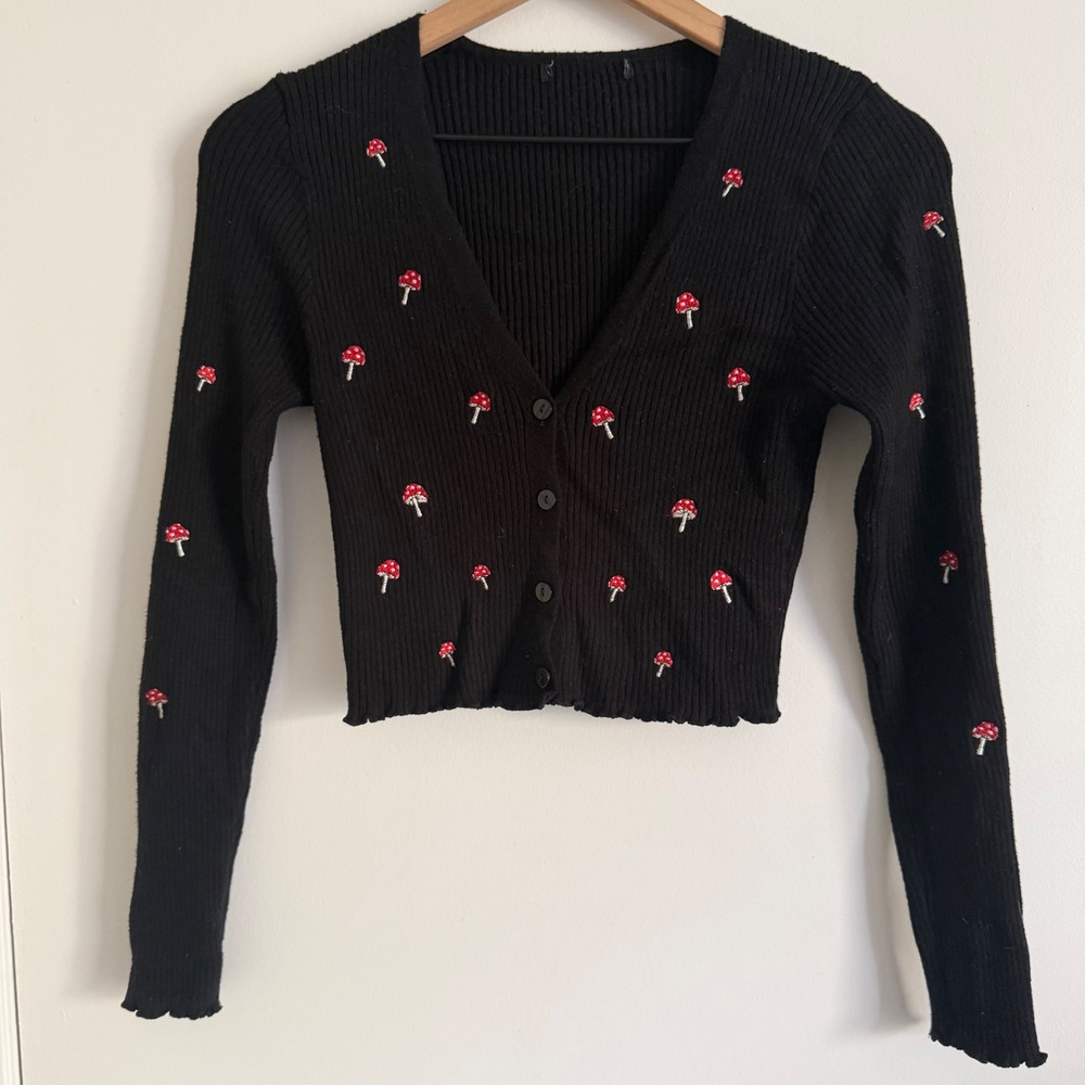 Black Ribbed Mushroom Embroidered Cropped Cardigan Top Y2K Skater Whimsical